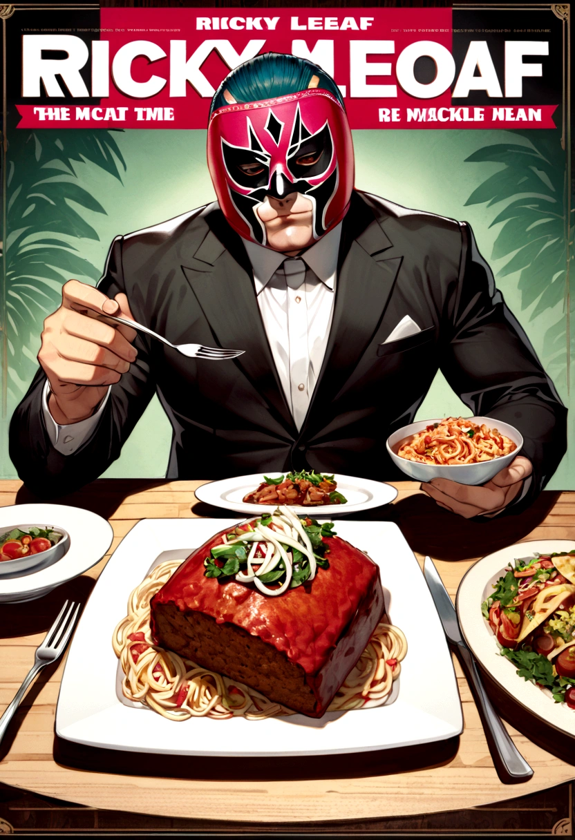 Lucha libre masked man, buff, wearing a suit and enjoys a nice meal. Album cover called "Ricky Meatloaf"