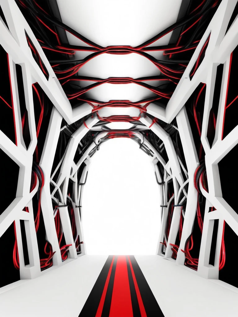 tunel, infernal themed futuristic background image, cables hell, symmetrical image, hell, White wall, negro, red
