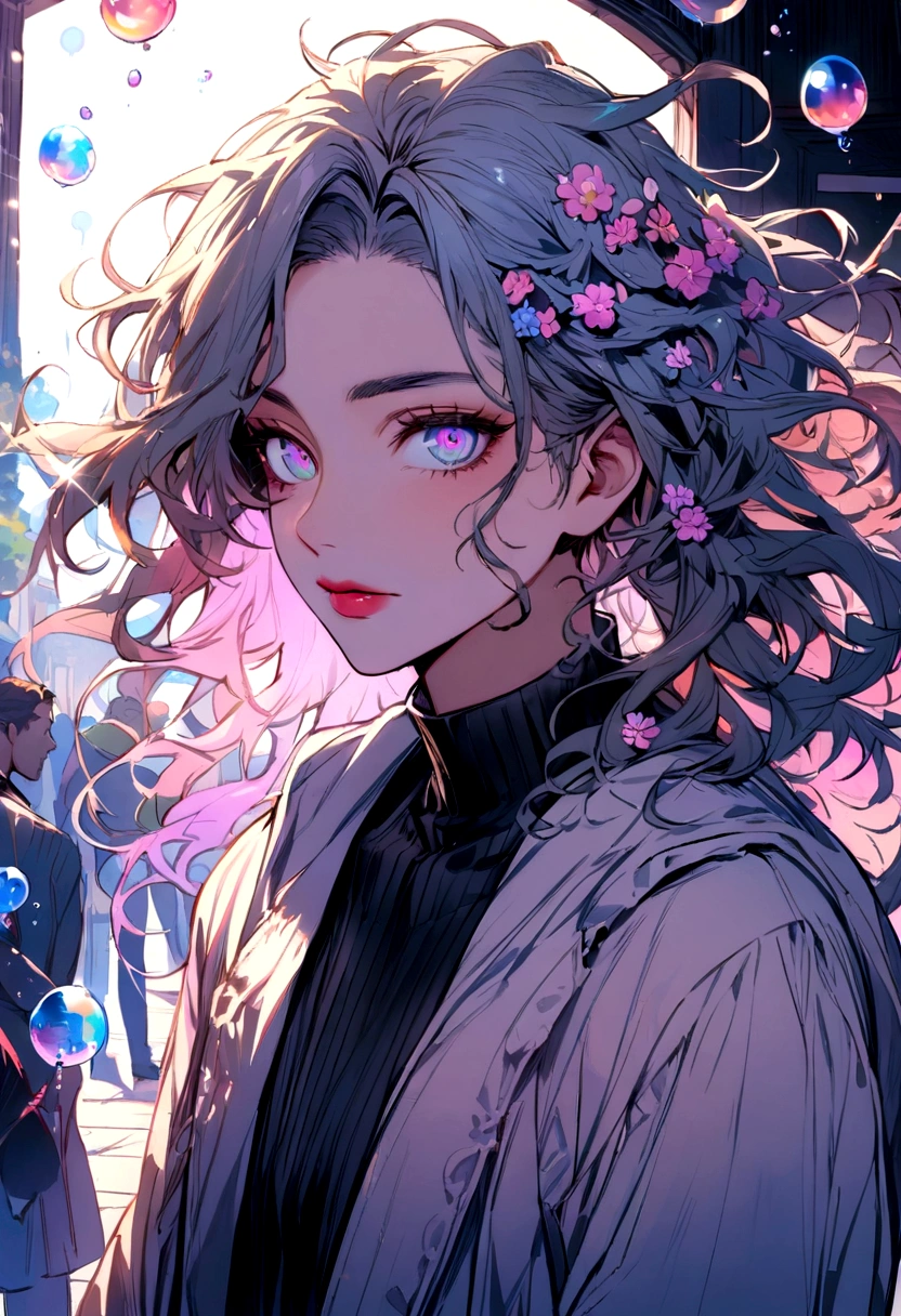 (masterpiece), (best quality), (ultra detailed),(disheveled hair),(illustration), (1man), standing, Fashion model, looking at viewer, (interview), (detailed background),beautiful detailed eyes, delicate beautiful face, Floating,(high saturation),(colorful splashes),colorful bubble,(shining), focus on face, floating flowers, floating hairs, (shining), best lighting, best shadow, 1male solo