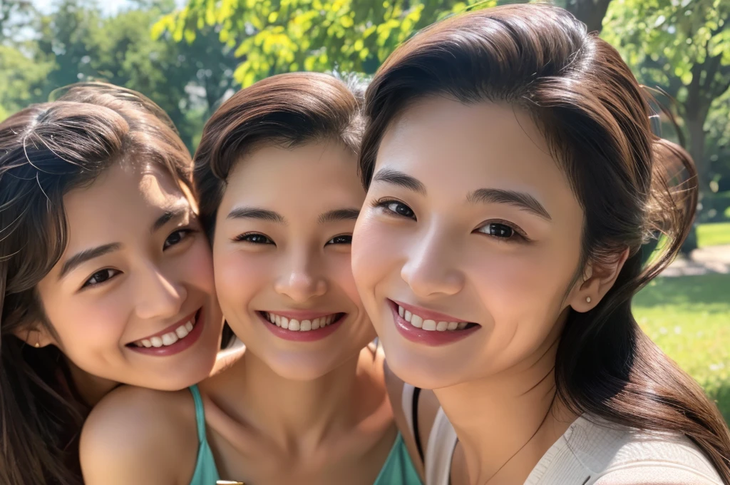 Highest quality、Masterpiece、8K、Japanese women、40s、smile、Slender figure、Realistic Face、Realistic hands、Detailed face、Three Women、Keep your distance、be happy