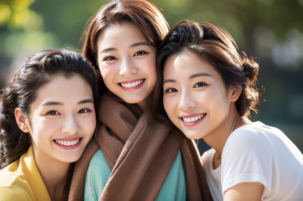 Highest quality、Masterpiece、8K、Japanese women、40s、smile、Slender figure、Realistic Face、Realistic hands、Detailed face、Three Women、Keep your distance、be happy