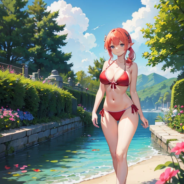 (masterpiece, best quality, detailed), 1girl, solo, looking at the sky
ElfGirl, reddish orange hair, 1 left hair pigtail tied with two flowers, light blue eyes, smile, closed mouth, huge breasts, big butt, beautiful legs, lightblue flower at side of hair, (pale pink bikini), wooden docks, morning, blue sky, cloud, scenery, walking, arms upright, hands at back