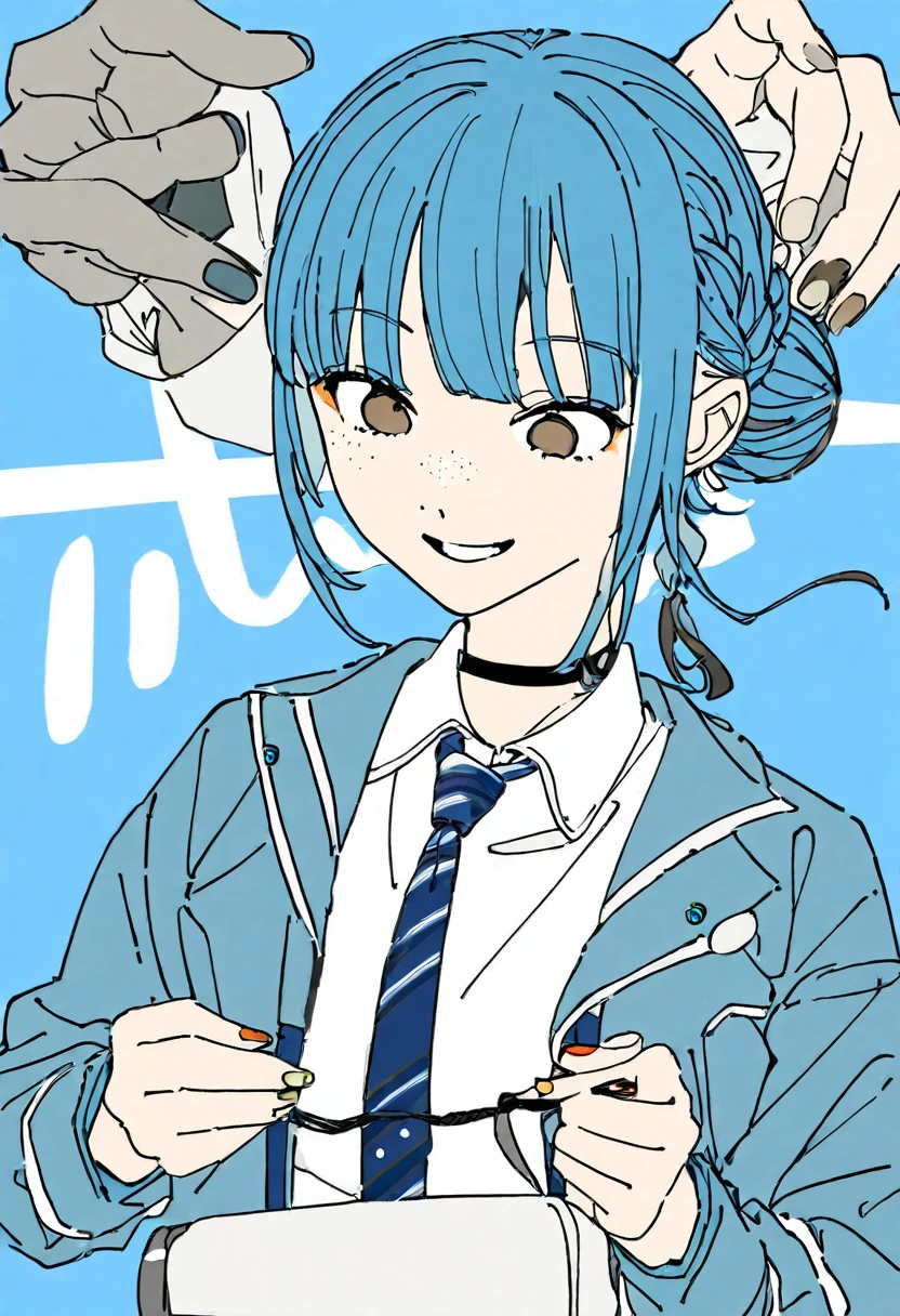 Flat Color, One girl, 一人in, tie, Double Bang, in, smile, Jacket, choker, Braiding, Hair Bun, looking at iniewer, shirt, Simple Background, Upper Body, Blue background, Manicure, Blue Claws, collared shirt, Brown eyes, bangs, blue tie, black choker, white shirt, Blue Hair, freckles, Grin, striped tie, long sleeines, open Jacket, blue Jacket, twin Braidings, Raise your hand, Flat Color