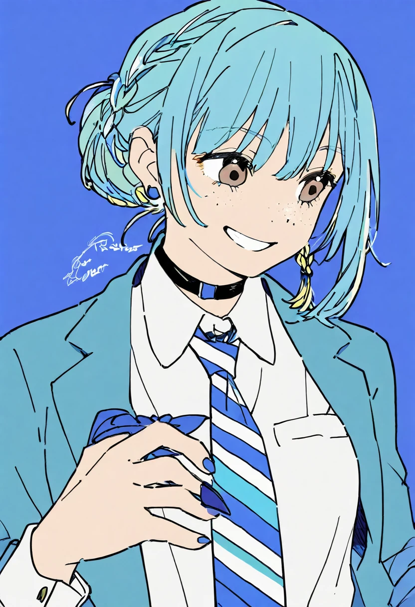 Flat Color, One girl, 一人in, tie, Double Bang, in, smile, Jacket, choker, Braiding, Hair Bun, looking at iniewer, shirt, Simple Background, Upper Body, Blue background, Manicure, Blue Claws, collared shirt, Brown eyes, bangs, blue tie, black choker, white shirt, Blue Hair, freckles, Grin, striped tie, long sleeines, open Jacket, blue Jacket, twin Braidings, Raise your hand, Flat Color