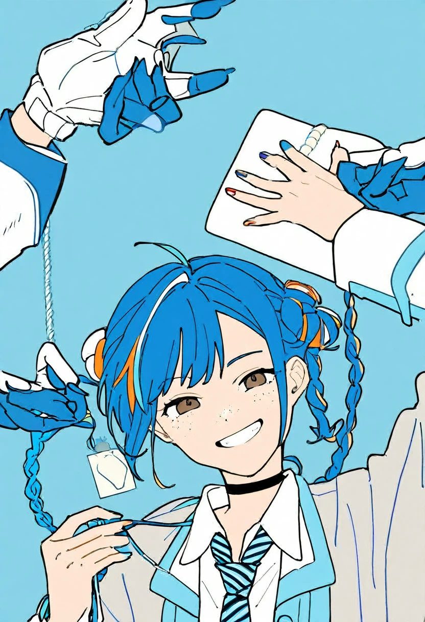 Flat Color, One girl, 一人in, tie, Double Bang, in, smile, Jacket, choker, Braiding, Hair Bun, looking at iniewer, shirt, Simple Background, Upper Body, Blue background, Manicure, Blue Claws, collared shirt, Brown eyes, bangs, blue tie, black choker, white shirt, Blue Hair, freckles, Grin, striped tie, long sleeines, , blue Jacket, twin Braidings, Raise your hand, Flat Color