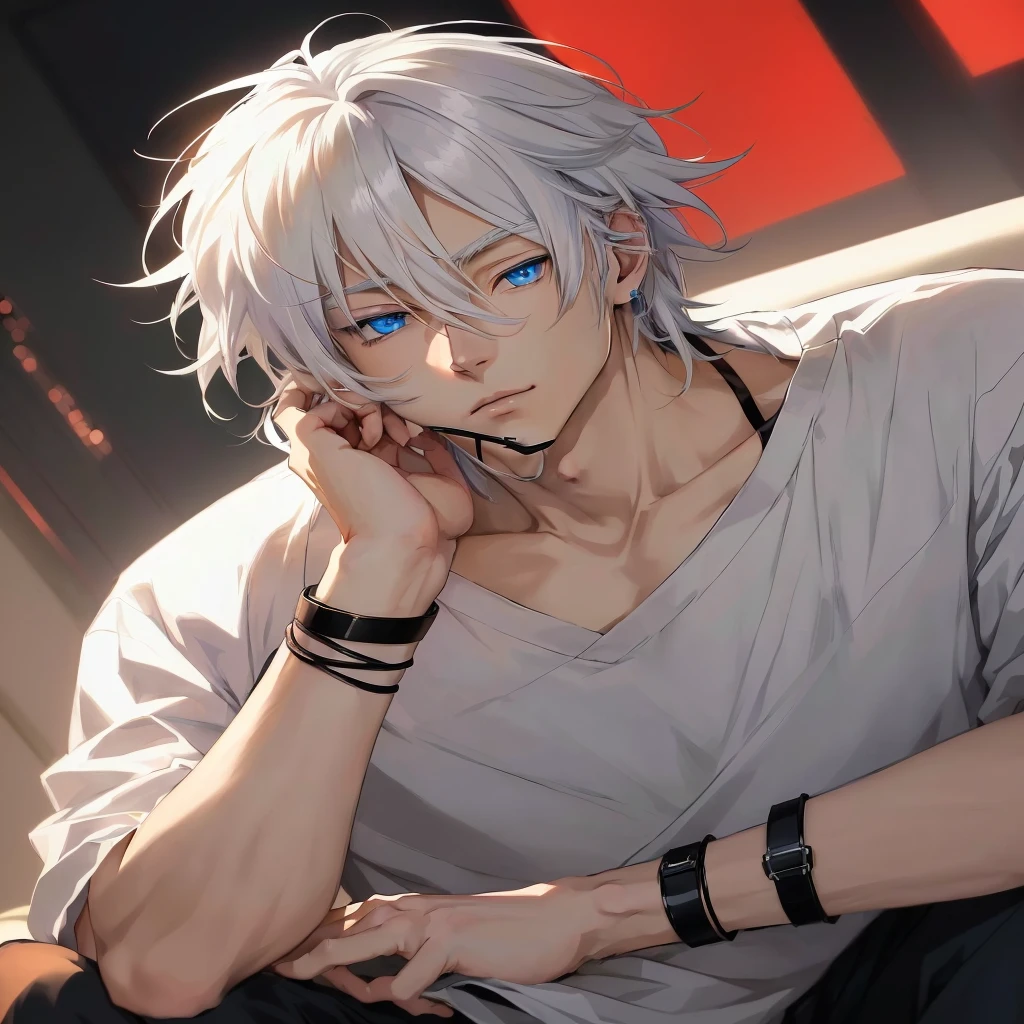 anime guy with white hair and blue eyes sitting on a couch, tall anime guy with blue eyes, white haired, young anime man, male anime character, male anime style, anime handsome man, white-haired, best anime 4k konachan wallpaper anime boy, handsome anime pose, hajime yatate