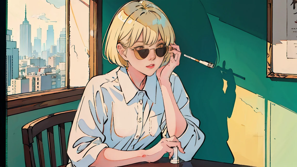 Beautiful blonde Asian girl sitting in a diner at night, visible from the window, perfect face, sunglasses, Smoking white Taylormade cigarettes, neon black, (with backlight: 1.1), hard shadow, masterpiece, highest quality, Complex, model shooting style, vintage, film grain, incomplete details