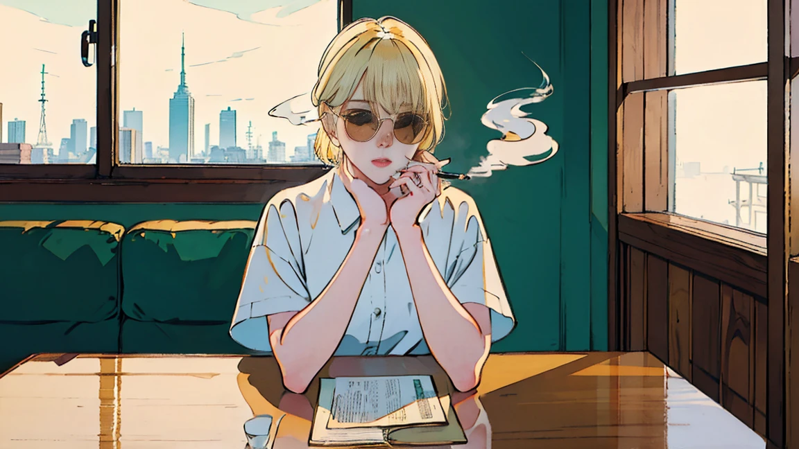 Beautiful blonde Asian girl sitting in a diner at night, visible from the window, perfect face, sunglasses, Smoking white Taylormade cigarettes, neon black, (with backlight: 1.1), hard shadow, masterpiece, highest quality, Complex, model shooting style, vintage, film grain, incomplete details