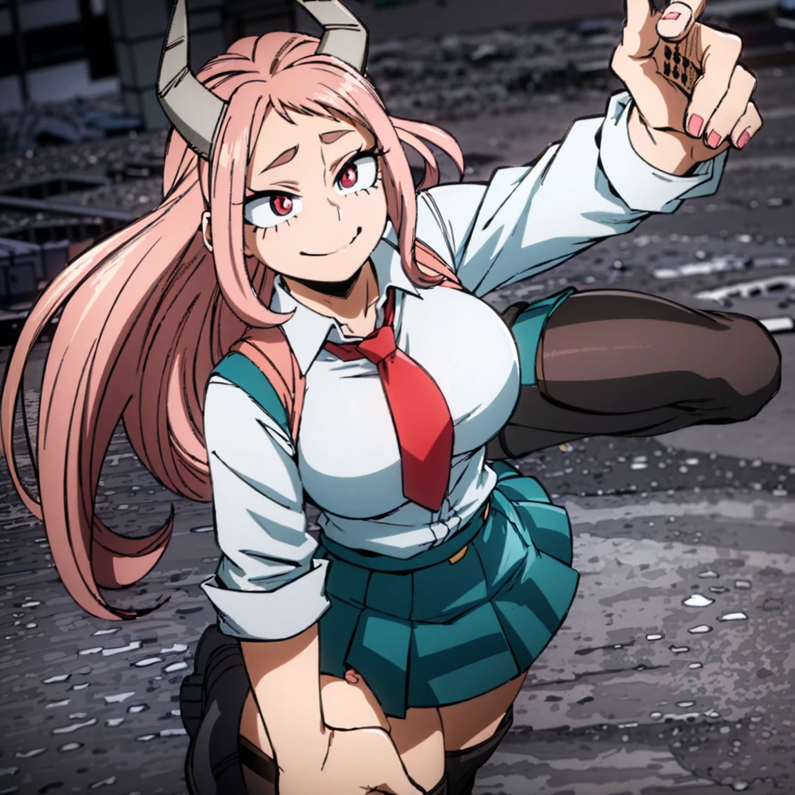 1girl, female focus, boku no hero academia, masterpiece, best quality, very aesthetic, big breasts, gray jacket, red tie, white shirt, teal skirt, gray tights, boots, long wavy hair, soft pink hair, deep pink eyes, cute, smile, black horns, beautiful, sunset