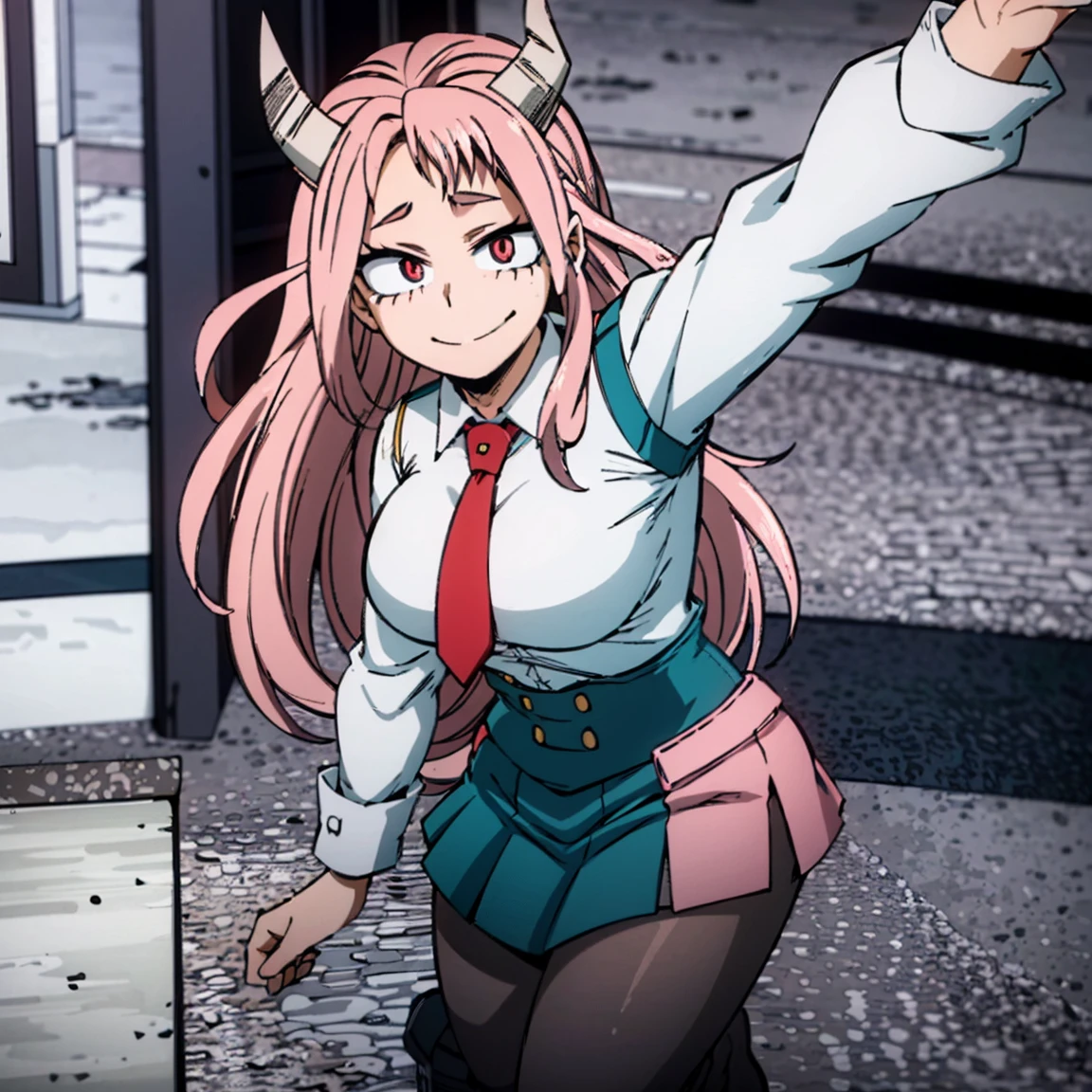 1girl, female focus, boku no hero academia, masterpiece, best quality, very aesthetic, big breasts, gray jacket, red tie, white shirt, teal skirt, gray tights, boots, long wavy hair, soft pink hair, deep pink eyes, cute, smile, black horns, beautiful, sunset