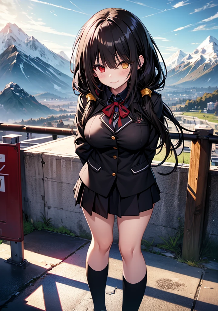 Masterpiece, high quality, ultra quality, best lighting, 1girl, ((tokisaki kurumi)), tokisaki kurumi, long hair, black hair, low twintails, monochrome, ((right red eye:1, left yellow eye:1)), black , ((black school uniform)), ((big breast)), ((big thigh)), smile, blush, cute face, ((gesugao face)), standing, sexy body, sexy, tattooed full body, looking at viewer, large the breast, nsfw, (((mountain)))