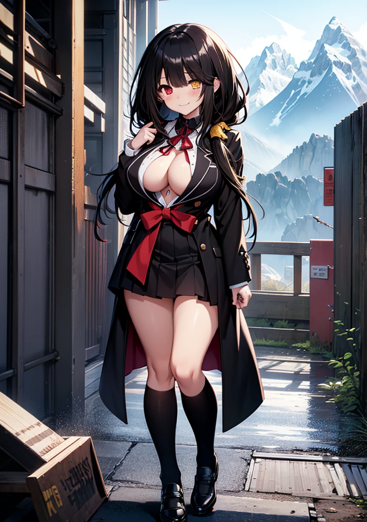 Masterpiece, high quality, ultra quality, best lighting, 1girl, ((tokisaki kurumi)), tokisaki kurumi, long hair, black hair, low twintails, monochrome, ((right red eye:1, left yellow eye:1)), black , ((black school uniform)), ((big breast)), ((big thigh)), smile, blush, cute face, ((gesugao face)), standing, sexy body, sexy, tattooed full body, looking at viewer, large the breast, nsfw, (((mountain)))