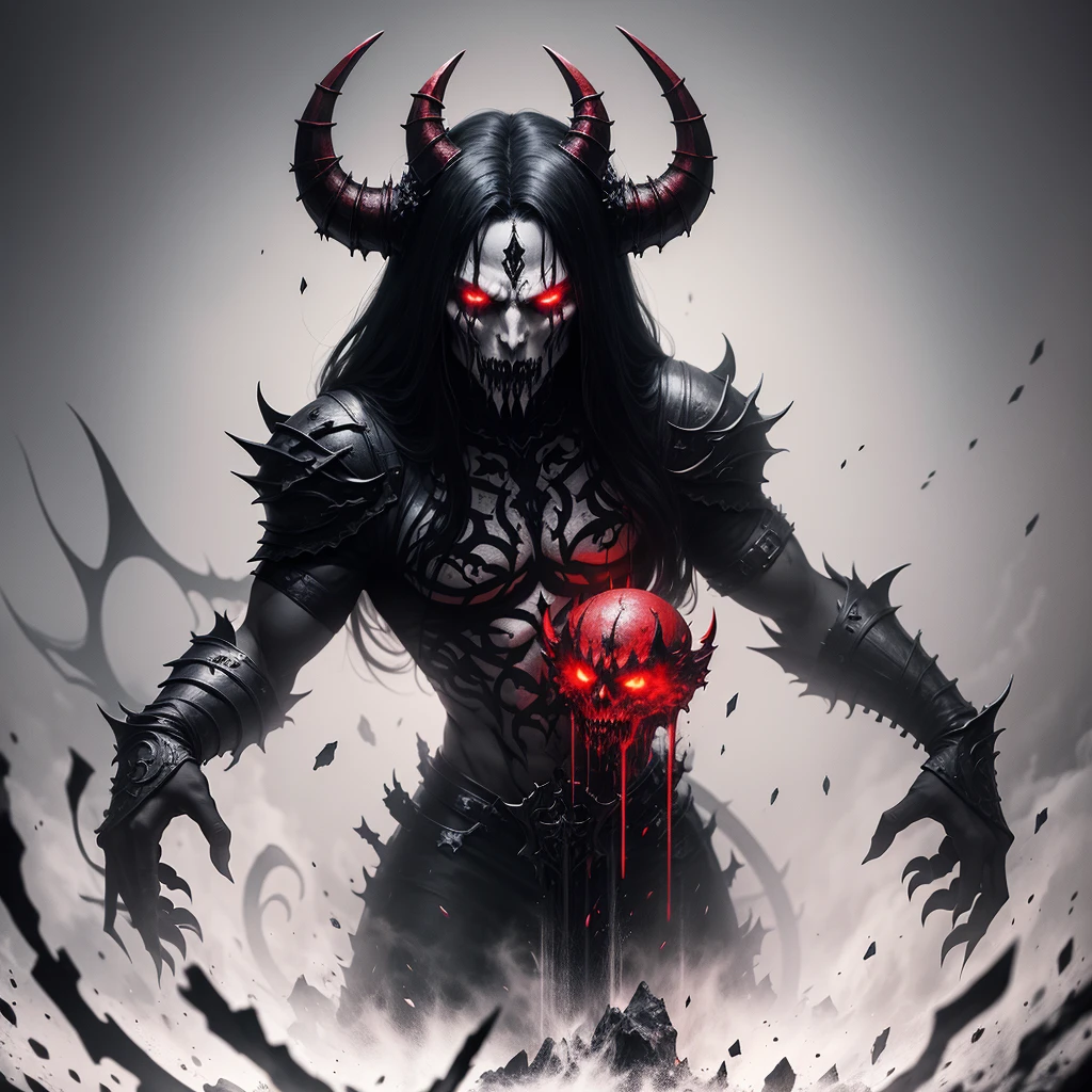 Cover design for black metal band, with a central demon, dark colors, reddish