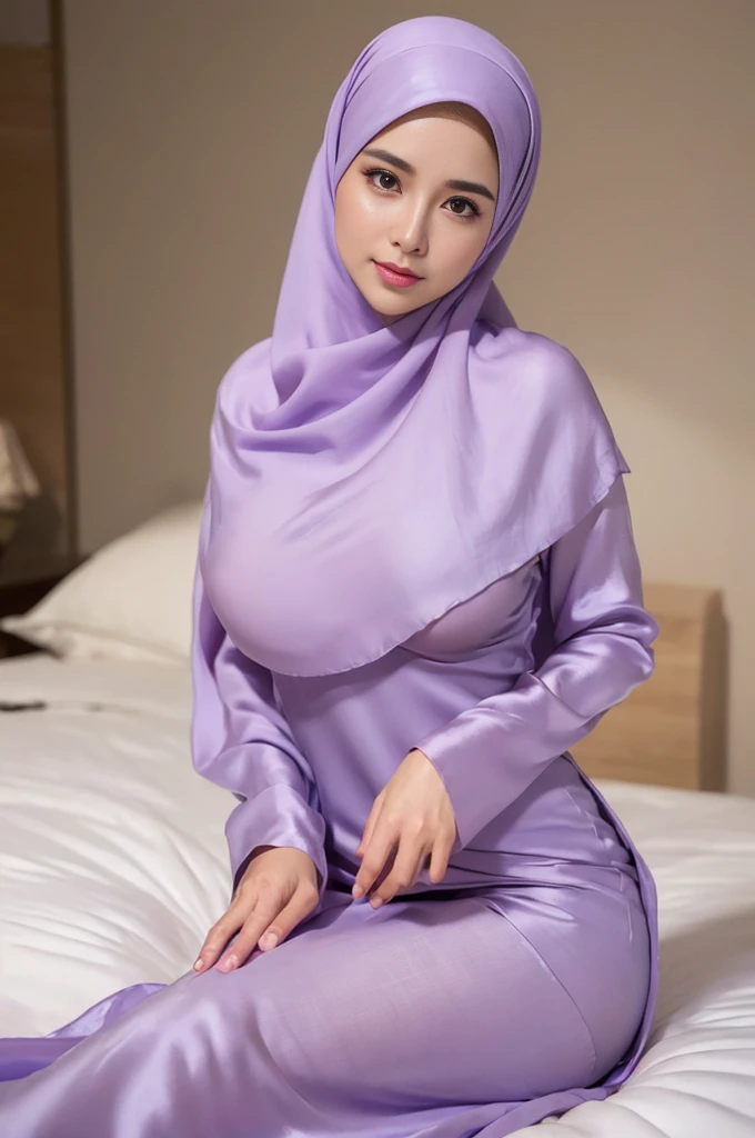 ((Marian Rivera)), 30 years old , ((big breast:1.4)), full body shot, slim body, lying on bed beautiful young lady, Nikon Z 85mm, ((best quality)) ((masterpiece)), intricate detail, sharp focuasterpiece:1.37), (photo, photorealistic:1.37), (ultrahigh-res),Full Body, view from back, slow motion, (insanely detailed, bloom:1.5), (highest quality, Alessandro Casagrande, Greg Rutkowski, Sally Mann, concept art, 4k), (analog:1.2), (high sharpness), (detailed pupils:1.1), detailed face and eyes, Masterpiece, best quality, (highly detailed photo:1.1), photographed by Canon EOS R6, 135mm, 1/1250s, f/2.8, ISO 400, Realistic, 8k, ((masterpiece)), professional, realistic, real life, hyperreal, photorealistic, fine detail, best quality, very Detailed CG unity 8k wallpaper, perfect artwork, Full body, shiny hair, glowing eyes, shiny skin, realistic, perfect female hourglass figure, thin waist, wide buttocks, looking at viewer, extremely delicate and beautiful, perspective, revealing buttocks, perfect collarbone, golden ratio face, realistic facial expression, (exquisite detail, makeup, (exquisite beautiful exquisite face, delicate and beautiful eyes, a face with perfect proportions, high-detailed skin,((wearing silk pastel light purple tear aodai with closed hijab)), ((embrodery clothes)), luxury hotel bedroom, sexy dynamic posed, no mask, ((open clothes)), exposed bra