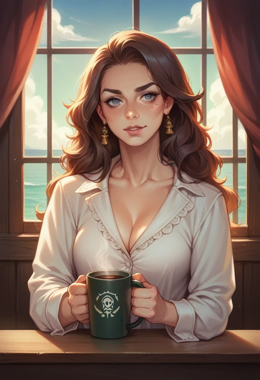 Create a coffee cup filled with a pirate ship inside, PICTURE REALISTIC. 