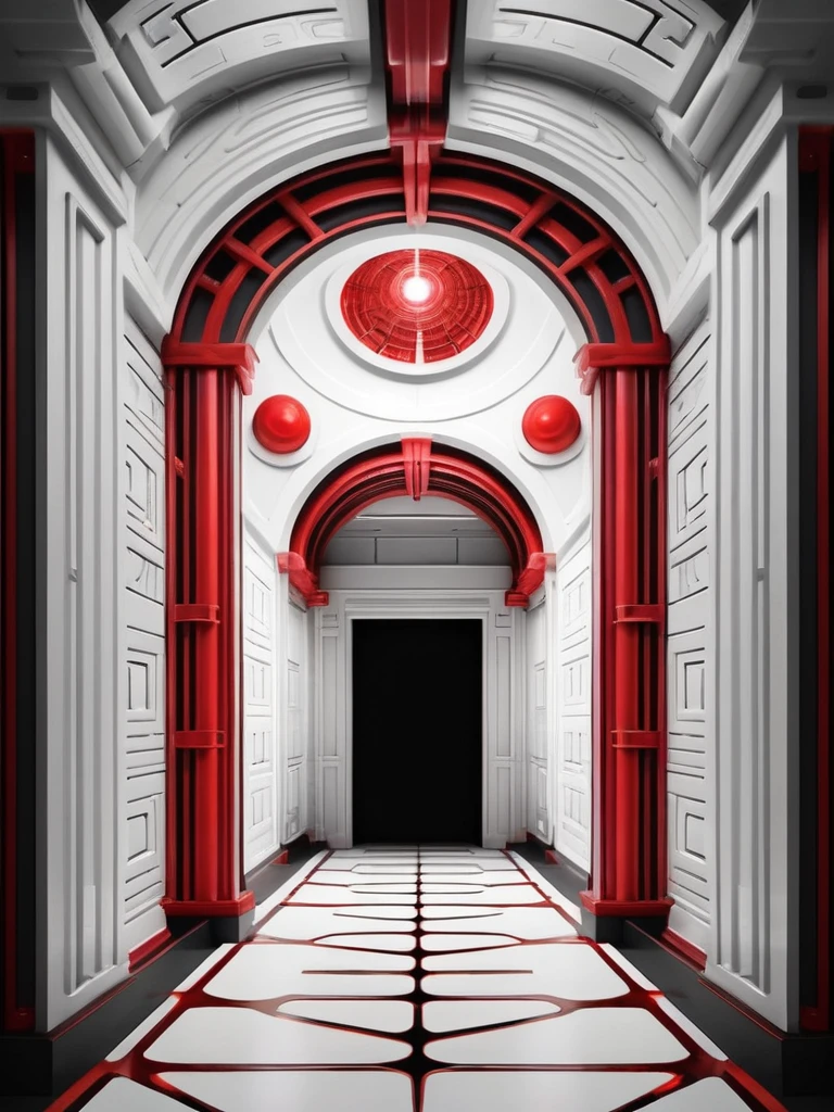 tunel, infernal themed futuristic background image, palacio hell, symmetrical image, hell, White wall, negro, red