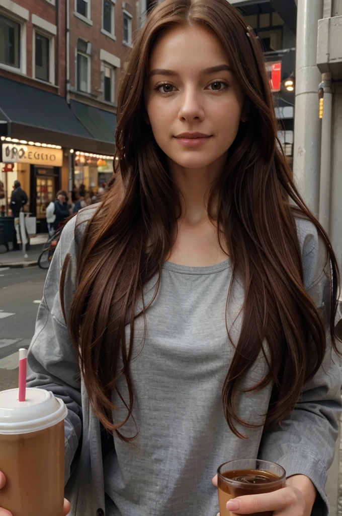 ultra high res.photorealistic:.1.4,UHD, beautiful gilr, red long hair, drink coffee, city