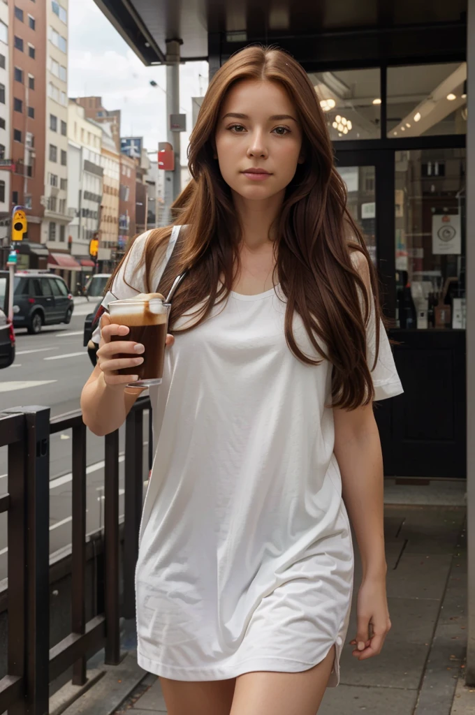 ultra high res.photorealistic:.1.4,UHD, beautiful gilr, red long hair, drink coffee, city