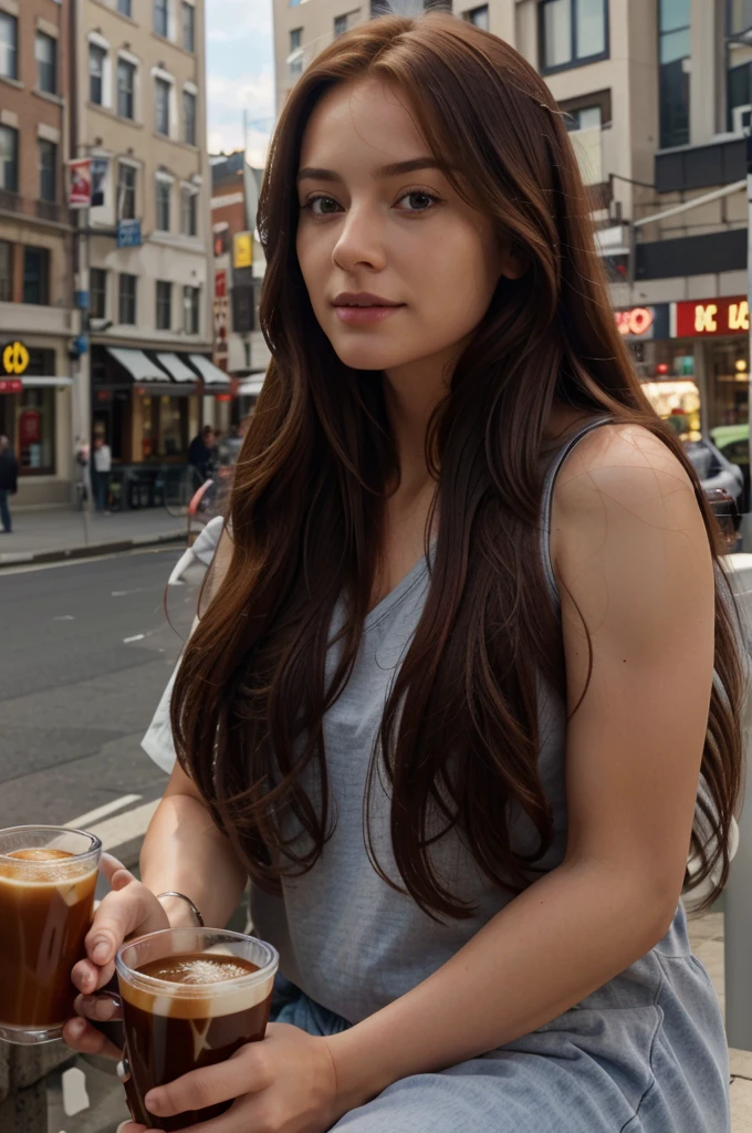 ultra high res.photorealistic:.1.4,UHD, beautiful gilr, red long hair, drink coffee, city