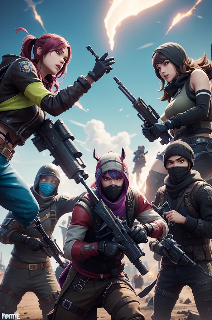 Create a representation of the Fortnite game in a battle between one squad vs another squad