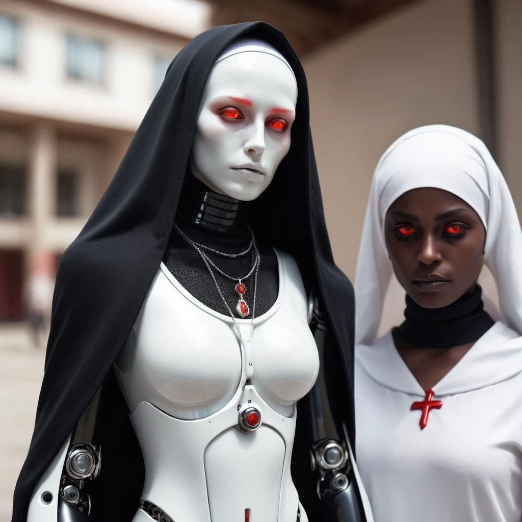 ral-opal, meahophontron, full body, woman robot face, devil nun, negro, looking at camera, body nun clothes, with crucifix