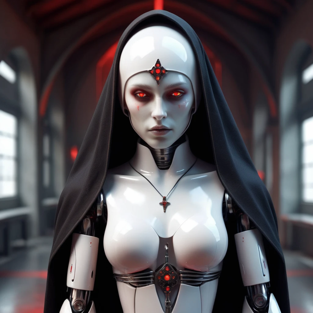 ral-opal, meahophontron, full body, woman robot face, devil nun, negro, looking at camera, body nun clothes, red eyes, foreground looking at camera, realist, beautifull woman, beautifull face, foreground