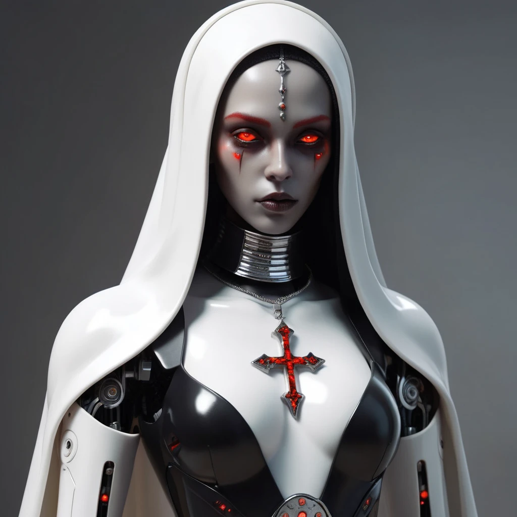 ral-opal, meahophontron, full body, woman robot face, devil nun, negro, looking at camera, body nun clothes, red eyes, foreground looking at camera, realist, beautifull woman, beautifull face, foreground