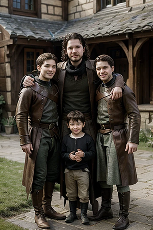 a handsome Kit Harington, a beautiful Sadie Sink with long blonde hair, their three smiling sons and three smiling daughters, medieval fantasy scene, north landscape,
