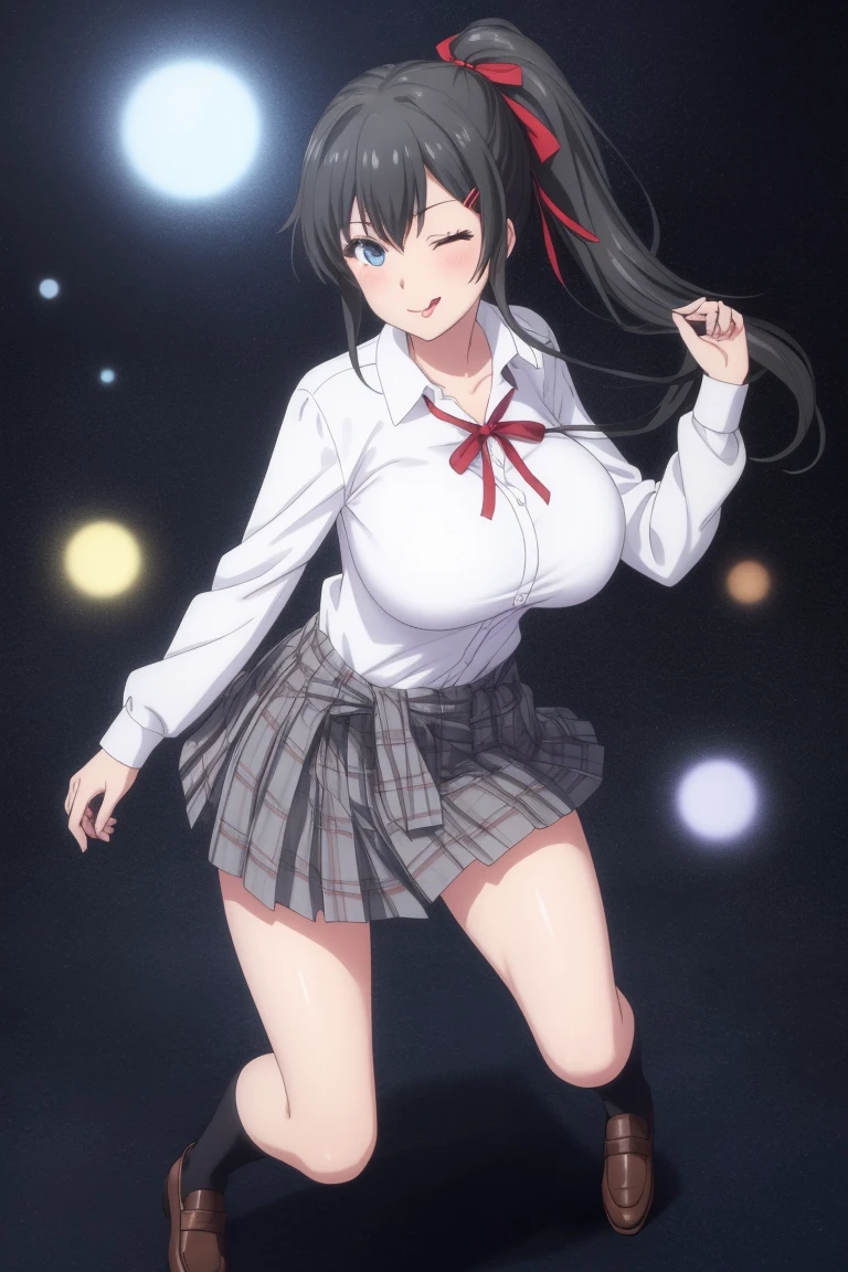 girl, solo, beautiful body, perfect body, nice body, (huge Breasts),
yukino yukinoshita,
1girl, solo, one_eye_closed, skirt, yukinoshita_yukino, tongue_out, tongue, black_hair, school_uniform, shirt, long_hair, clothes_around_waist, side_ponytail, ribbon, red_ribbon, white_shirt, sobu_high_school_uniform, blue_eyes, plaid_skirt, looking_at_viewer, hair_ornament, plaid, simple_background, white_background, neck_ribbon, collared_shirt, blush, long_sleeves, pleated_skirt, hairclip, bangs, v, sidelocks, hair_ribbon, ;p, sweater_around_waist, sweater, pocket, smile, collarbone, miniskirt, ((full body)),


official art, extremely detailed CG unity 8k wallpaper, perfect lighting, Colorful, (best_quality:1.0), ultra high res,4K, ultra-detailed, 8K, HDR, high resolution,  absurdres:1.2, film grain, (vibrant_color:1.2), (narrow waist), huge breasts, (masterpiece:1.2), ((best quality:1.3)), ultra-detailed, ray-traced, high-fidelity textures, crisp focus, dynamic pose, dynamic art, dynmic angle, 