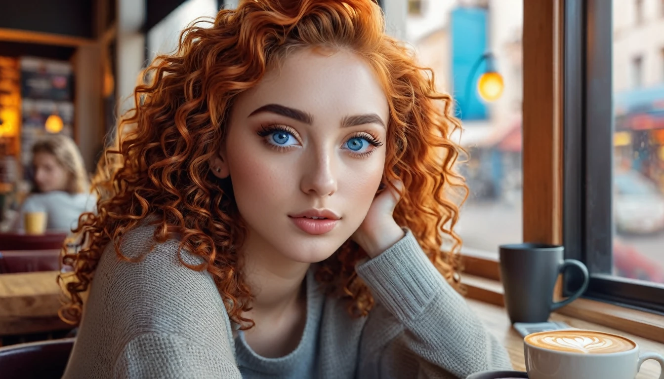 a girl with orange hair brown eyes, a boy with curly blue eyes sitting in a cafe, beautiful detailed eyes, beautiful detailed lips, extremely detailed eyes and face, long eyelashes, young couple, casual clothes, warm lighting, cozy atmosphere, comfortable interior, coffee cups, table with books and magazines, window with cityscape view, (best quality,4k,8k,highres,masterpiece:1.2),ultra-detailed,(realistic,photorealistic,photo-realistic:1.37),vibrant colors, cinematic lighting, soft focus, digital painting, concept art style