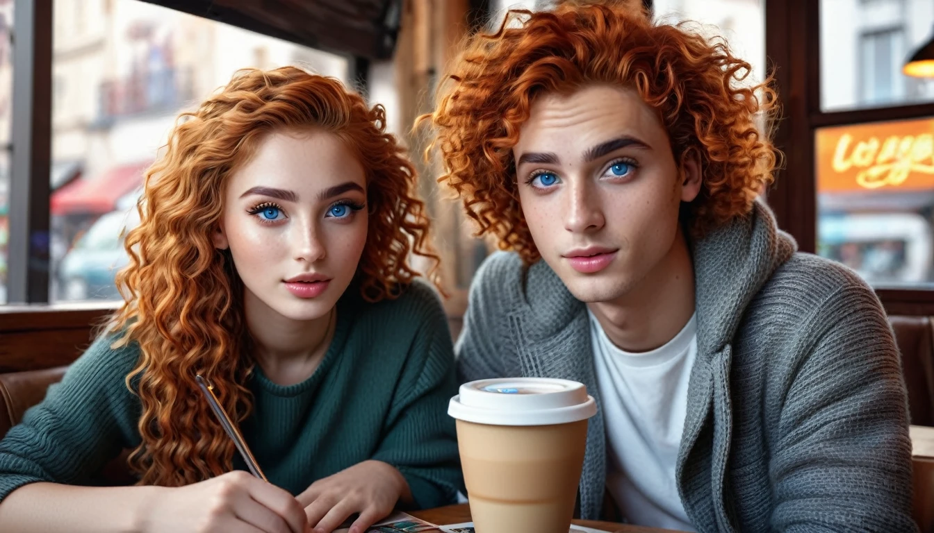 a girl with orange hair brown eyes, a boy with curly blue eyes sitting in a cafe, beautiful detailed eyes, beautiful detailed lips, extremely detailed eyes and face, long eyelashes, young couple, casual clothes, warm lighting, cozy atmosphere, comfortable interior, coffee cups, table with books and magazines, window with cityscape view, (best quality,4k,8k,highres,masterpiece:1.2),ultra-detailed,(realistic,photorealistic,photo-realistic:1.37),vibrant colors, cinematic lighting, soft focus, digital painting, concept art style