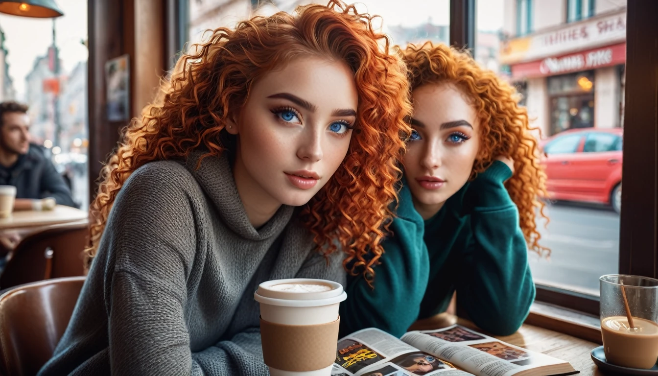 a girl with orange hair brown eyes, a boy with curly blue eyes sitting in a cafe, beautiful detailed eyes, beautiful detailed lips, extremely detailed eyes and face, long eyelashes, young couple, casual clothes, warm lighting, cozy atmosphere, comfortable interior, coffee cups, table with books and magazines, window with cityscape view, (best quality,4k,8k,highres,masterpiece:1.2),ultra-detailed,(realistic,photorealistic,photo-realistic:1.37),vibrant colors, cinematic lighting, soft focus, digital painting, concept art style