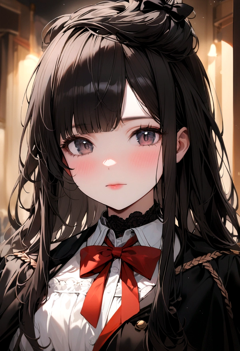 Open cousin, I want a girl with long loose hair with black bangs with a BOW TIED UP on her head, head a little lowered look to the left focus on the face sample on the shoulders a little real face