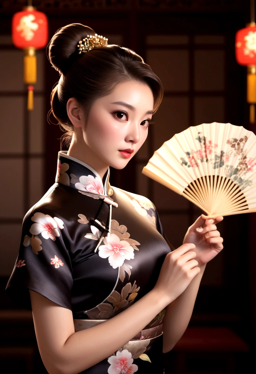 1woma, brown hair, brown eyes, hair bun, blurry, lips, cheongsam, black silk clothes, floral print, hand fan, dramatic lighting, depth of field, photon mapping, radiosity, physically-based rendering,