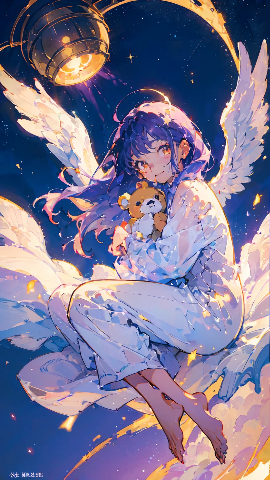 (woman\(13 years old,A star-like halo on the head。, Angel Girl,Purple Hair,Yellow Eyes, White skin, I'm wearing pastel colored pajamas,The girl looks sleepy,While floating in the air,hugging a teddy bear,barefoot,\) Beautiful night sky、Sleepily floating in the air, (I&#39;m in the beautiful outdoors, A beautiful star is shining,He seemed to be very sleepy., mysterious, full moon,(夜空には大きなfull moon),quality\(8K,非常に精細なCGユニットのwallpaper, masterpiece,High resolution,top-quality,top-quality real texture skin,Surreal,Increase the resolution,RAW Photos,最高quality,Very detailed,wallpaper,Cinema Lighting,Ray-tracing,Golden Ratio\),Long Shot,Overall, it looks ephemeral.,The depiction range is from the waist up,qualityの高い顔の描写,High-resolution facial depiction,ephemeral,Low saturation,1 person