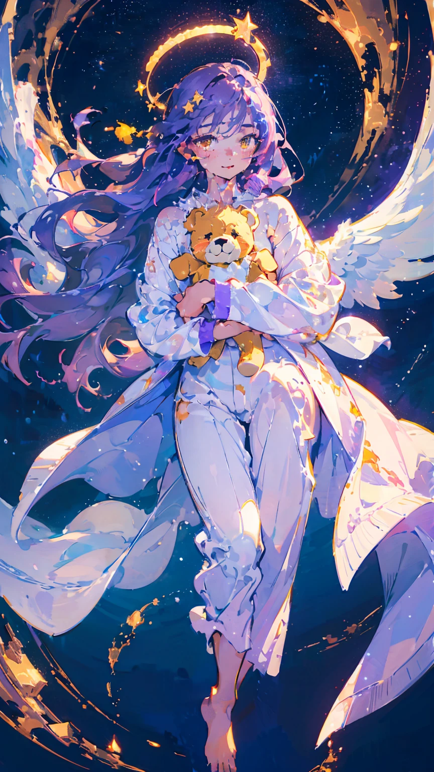 (woman\(13 years old,A star-like halo on the head。, Angel Girl,Purple Hair,Yellow Eyes, White skin, I'm wearing pastel colored pajamas,The girl looks sleepy,While floating in the air,hugging a teddy bear,barefoot,\) Beautiful night sky、Sleepily floating in the air, (I&#39;m in the beautiful outdoors, A beautiful star is shining,He seemed to be very sleepy., mysterious, full moon,(夜空には大きなfull moon),quality\(8K,非常に精細なCGユニットのwallpaper, masterpiece,High resolution,top-quality,top-quality real texture skin,Surreal,Increase the resolution,RAW Photos,最高quality,Very detailed,wallpaper,Cinema Lighting,Ray-tracing,Golden Ratio\),Long Shot,Overall, it looks ephemeral.,The depiction range is from the waist up,qualityの高い顔の描写,High-resolution facial depiction,ephemeral,Low saturation,1 person