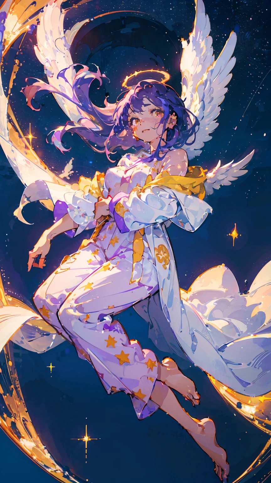 (woman\(13 years old,A star-like halo on the head。, Angel Girl,Purple Hair,Yellow Eyes, White skin, I'm wearing pastel colored pajamas,The girl looks sleepy,While floating in the air,hugging a teddy bear,barefoot,\) Beautiful night sky、Sleepily floating in the air, (I&#39;m in the beautiful outdoors, A beautiful star is shining,He seemed to be very sleepy., mysterious, full moon,(夜空には大きなfull moon),quality\(8K,非常に精細なCGユニットのwallpaper, masterpiece,High resolution,top-quality,top-quality real texture skin,Surreal,Increase the resolution,RAW Photos,最高quality,Very detailed,wallpaper,Cinema Lighting,Ray-tracing,Golden Ratio\),Long Shot,Overall, it looks ephemeral.,The depiction range is from the waist up,qualityの高い顔の描写,High-resolution facial depiction,ephemeral,Low saturation,1 person