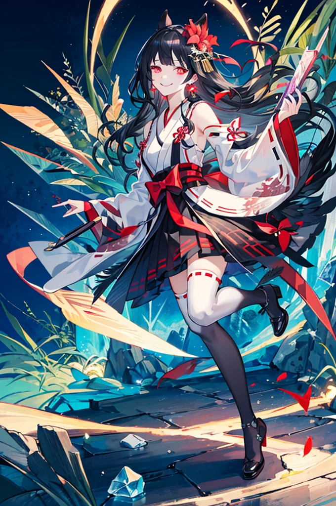 [(detailed Background:1.4)::5],Original,(Illustration:1.1),(Best Quality),(masutepiece:1.1),(the Extremely Detailed CG Unity 8K Wallpapers:1.1), (Colorful:0.9),(mid-shot:0.95),(very detailed beautiful full body),Dynamic Angle,(Solo:1.2), (girl),(((Adult))), (Detailed beautiful eyes:1.15), (Beautiful face:1.15), (glowing red eyes:1.25////),(black hair),paleskin，Pink pupils，Red bow，amaryllis，((Evil smile))，Crystal earrings on the ears，Raven feather skirt,full body,wearing miko thighhighs,((black long hair)),black long hair,night,
