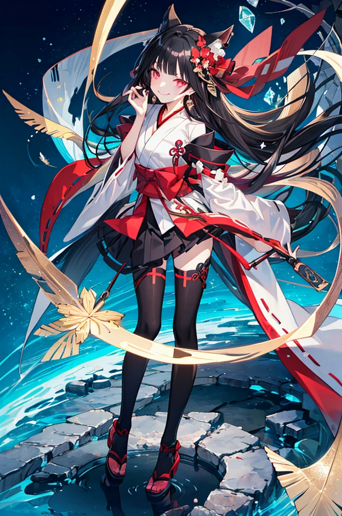 [(detailed Background:1.4)::5],Original,(Illustration:1.1),(Best Quality),(masutepiece:1.1),(the Extremely Detailed CG Unity 8K Wallpapers:1.1), (Colorful:0.9),(mid-shot:0.95),(very detailed beautiful full body),Dynamic Angle,(Solo:1.2), (girl),(((Adult))), (Detailed beautiful eyes:1.15), (Beautiful face:1.15), (glowing red eyes:1.25////),(black hair),paleskin，Pink pupils，Red bow，amaryllis，((Evil smile))，Crystal earrings on the ears，Raven feather skirt,full body,wearing miko thighhighs,((black long hair)),black long hair,night,