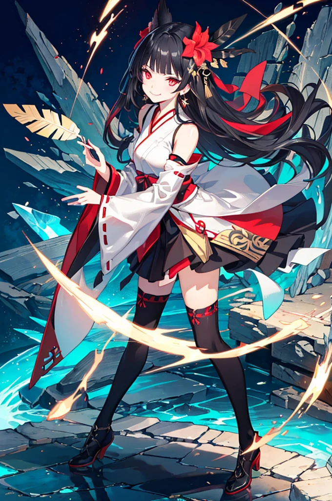 [(detailed Background:1.4)::5],Original,(Illustration:1.1),(Best Quality),(masutepiece:1.1),(the Extremely Detailed CG Unity 8K Wallpapers:1.1), (Colorful:0.9),(mid-shot:0.95),(very detailed beautiful full body),Dynamic Angle,(Solo:1.2), (girl),(((Adult))), (Detailed beautiful eyes:1.15), (Beautiful face:1.15), (glowing red eyes:1.25////),(black hair),paleskin，Pink pupils，Red bow，amaryllis，((Evil smile))，Crystal earrings on the ears，Raven feather skirt,full body,wearing miko thighhighs,((black long hair)),black long hair,night,
