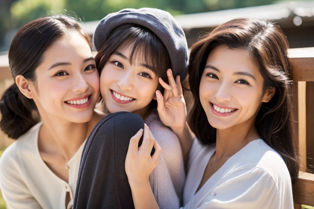 Highest quality、Masterpiece、8K、Japanese women、40s、smile、Slender figure、Realistic Face、Realistic hands、Detailed face、Three Women、Keep your distance、be happy