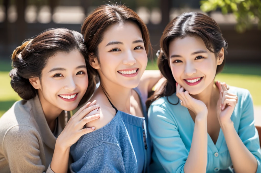 Highest quality、Masterpiece、8K、Japanese women、40s、smile、Slender figure、Realistic Face、Realistic hands、Detailed face、Three Women、Keep your distance、be happy