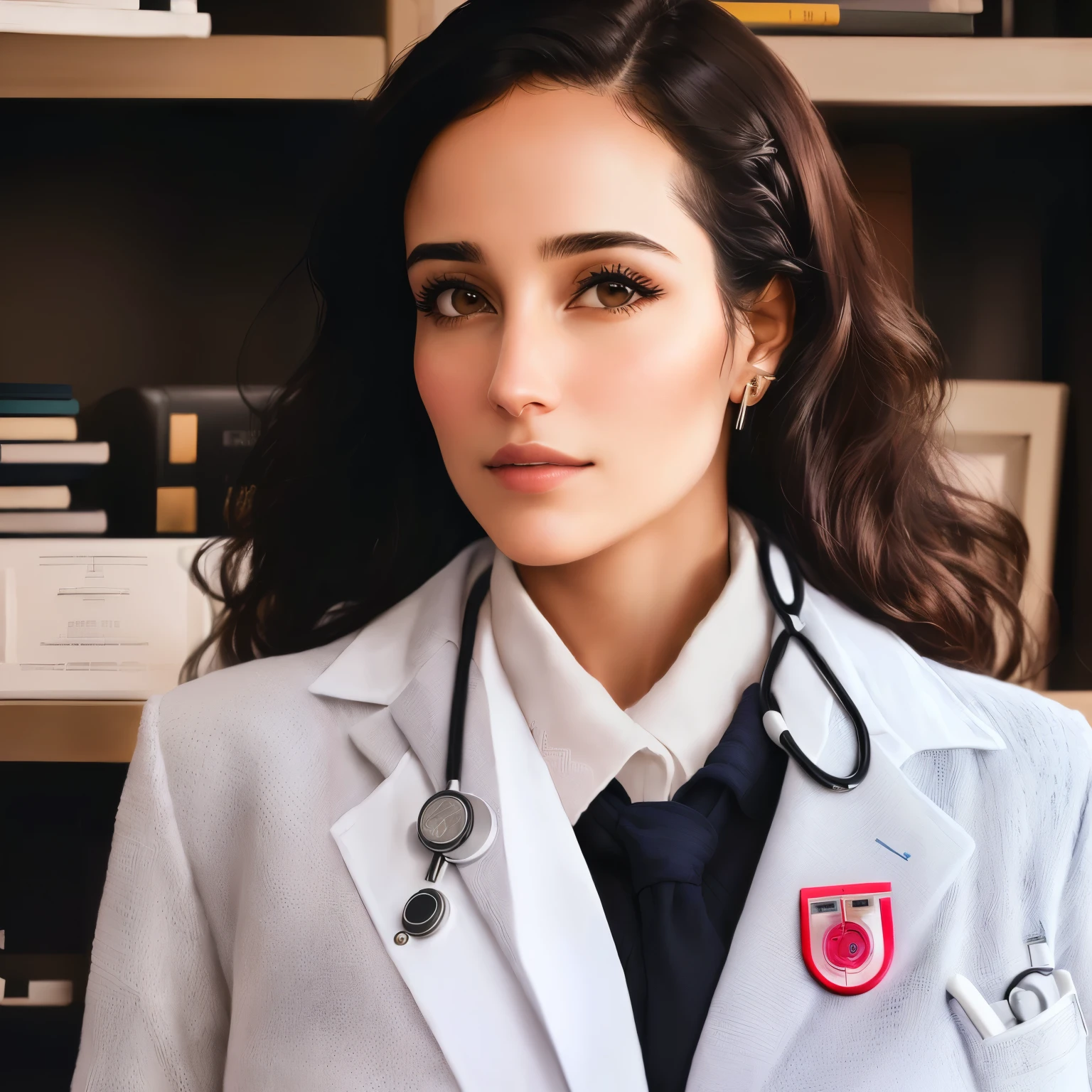 Arafa woman in a coat and tie in front of a bookshelf, doctor, medical doctor, wearing lab coat and a blouse, ana de la reguera portrait, wearing lab coat, wearing a lab coat branco, portrait of a female pathologist, inspired by Dr.. Atl., wearing a lab coat, (doctor), White coat, with a coat