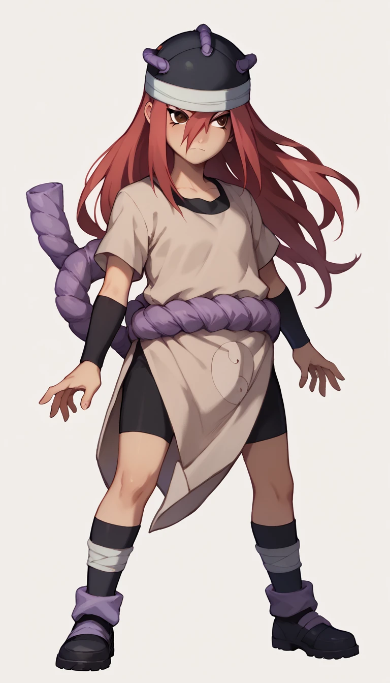 nsfw, +18, tayuya, red hair, long hair, brown eyes, tan tunic, purple rope belt, black shorts, arm warmers, black headwear, full body, standing, 