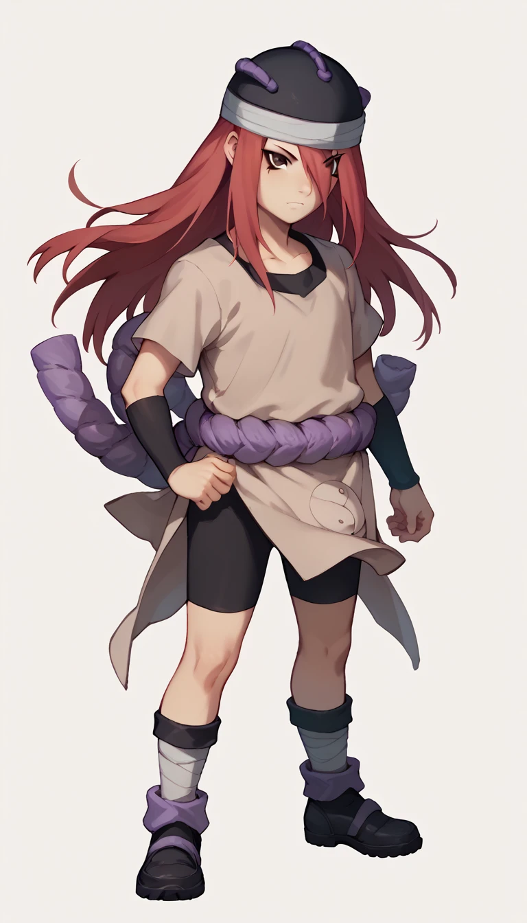 nsfw, +18, tayuya, red hair, long hair, brown eyes, tan tunic, purple rope belt, black shorts, arm warmers, black headwear, full body, standing, 