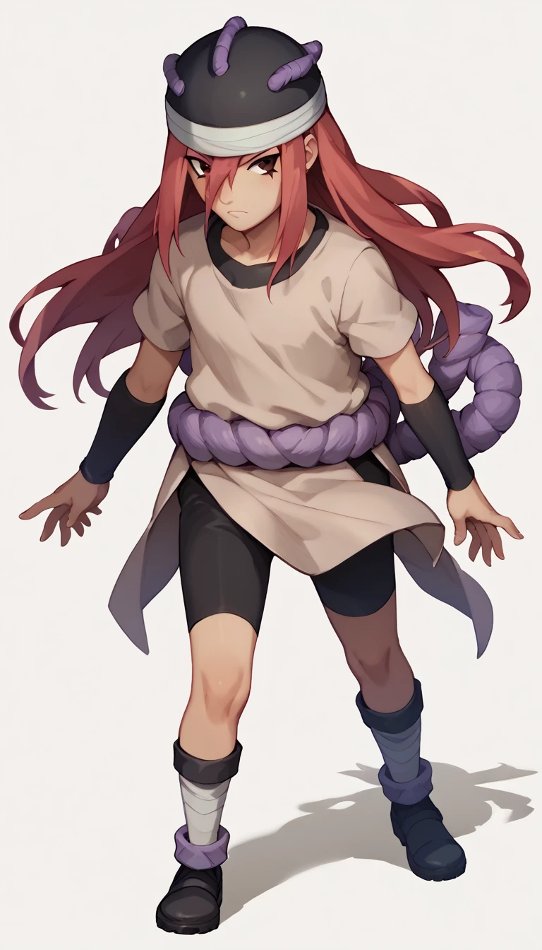 nsfw, +18, tayuya, red hair, long hair, brown eyes, tan tunic, purple rope belt, black shorts, arm warmers, black headwear, full body, standing, 