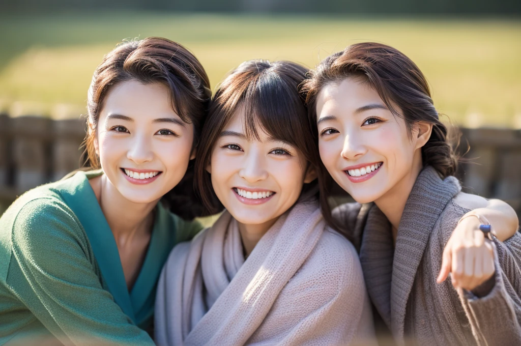 Highest quality、Masterpiece、8K、Japanese women、40s、smile、Slender figure、Realistic Face、Realistic hands、Detailed face、Three Women、Keep your distance、 happy