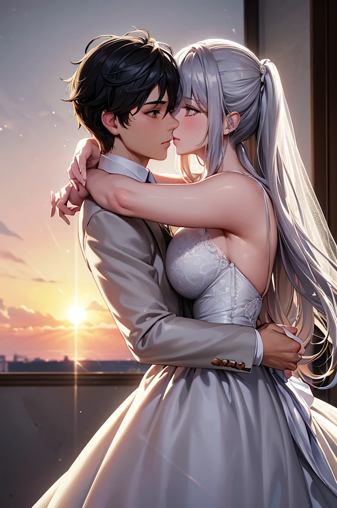 masterpiece, Best quality, masterpiece, Best quality, masterpiece, Best quality, masterpiece, Best quality, high quality, High detail, Ultra detail, HD, 4k, 4280x2240, depth field, (HDR:1.9), Correct , a masculine boy with short hair black hair abundant brown eyes with full wedding suit from groom to gentleman's suit and Palto flu pants and a girl with very long hair messy hair curly hair wavy hair (((silver hair))) high ponytail with yellow eyes in wedding dress, Dream wedding dress. love. Hand in hand looking at the New Year's sunset sunrise while kissing at church wedding with wedding rings on boy finger and wedding rings on girl finger and smiles, detail, ultra-detail, correct_position, correct_texture, correct_colors, correct_shading, correct_cgi, correct_body, correct_, correct_proportion, (correct_complete_body)