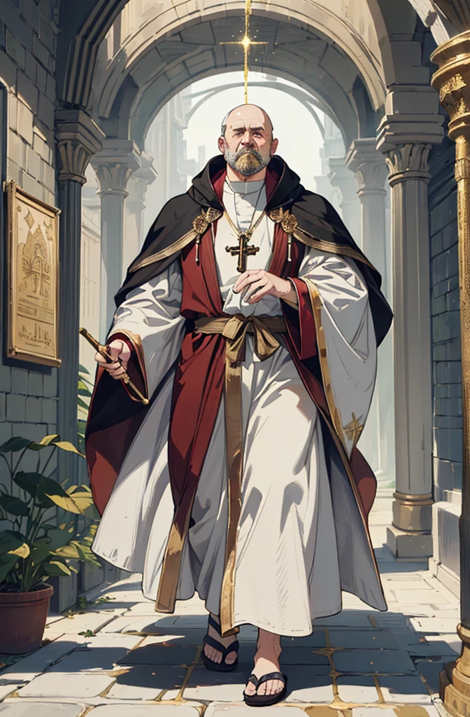 masterpiece, ultra detailed, 8K Portrait, Raw photo, man's portrait photography, full body, Highly detailed face, ((Fantasy)), 1 man, (fat man), Adult, 55 years old, (((((vulgar face))))), (((spooney face))), (((((pee odor old man))))), (((priest))), sticky short ((black)) hair, slightly bald, (((((white long cloak with gold accessory))))) Fluttering in the wind, (((dark red long robe))), leather sandal, ((equip a white long magic wand)), Midday Sun, Hyper realistic, lazy body, in the medieval adventurer's guild, Ambient lighting, Shadow details , Camera focus on face, strong breeze, Light fog,((night)),