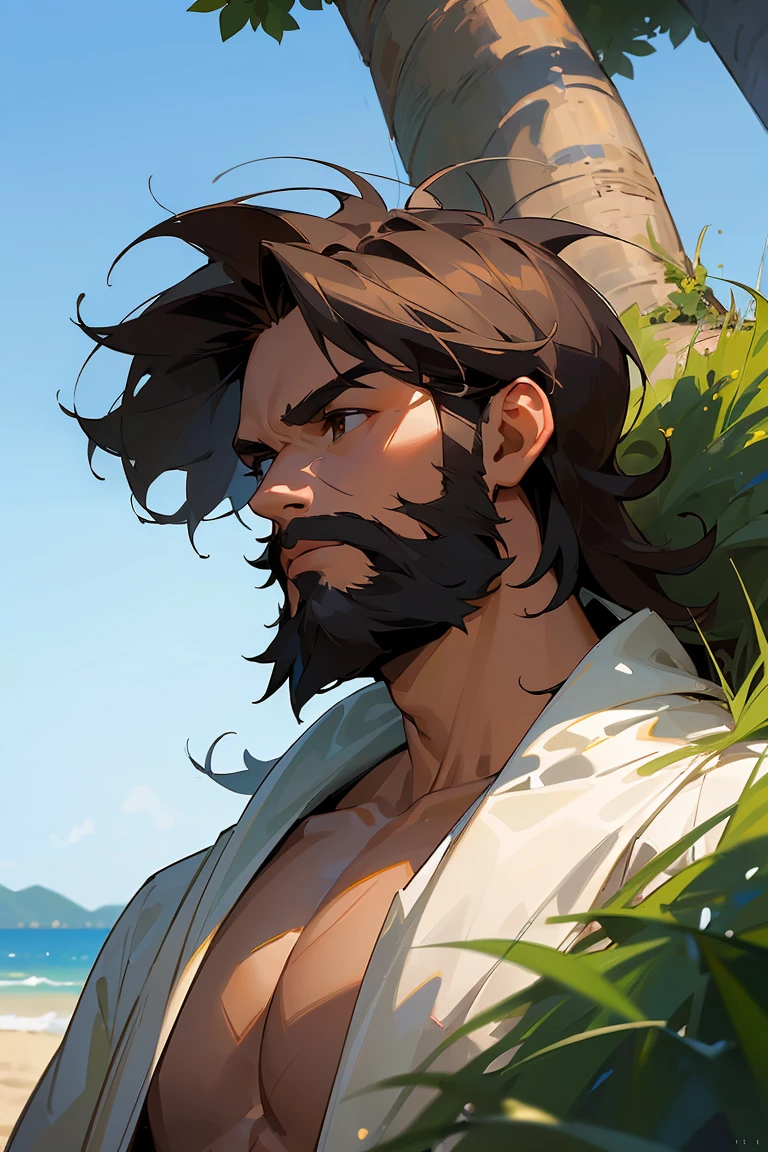 (masterpiece:1.2), (best quality), (ultra detailed), (8k,4k), (highly detailed:1.2), (perfect lightingbest quality), (blue sky, beach, tree, grass), (solo man, strong, young, 23 year old, dark hair, messy hair, unshaven beard), portrait
